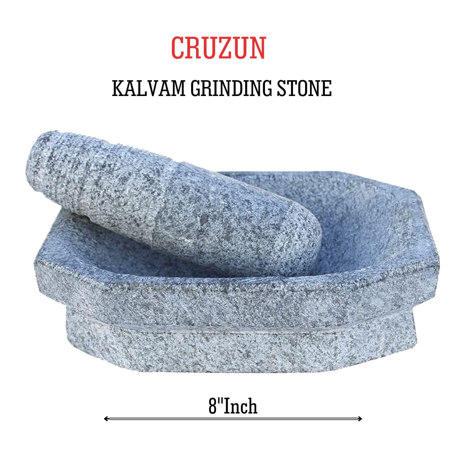 CRUZUN Mortar and Pestle Set - 8" Inch Kalvam Stone Masher, Khalbatta, Kharal, Musal Traditional Herbal Grinding Stone Herbs Spices Kalvam Masher Herbal Spice Grinding
