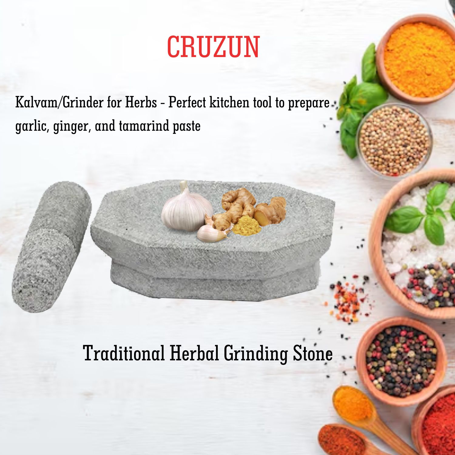 CRUZUN Mortar and Pestle Set - 8" Inch Kalvam Stone Masher, Khalbatta, Kharal, Musal Traditional Herbal Grinding Stone Herbs Spices Kalvam Masher Herbal Spice Grinding