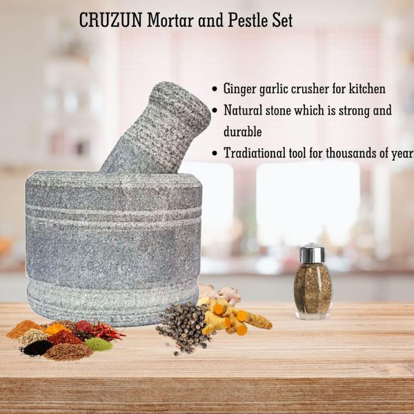 CRUZUN Mortar Pestle Set - 5Inch Idikallu Stone for Spices Okhli Masher Khalbatta Stone Traditional Grinder for Kitchen Imam Dasta Ohkli Musal