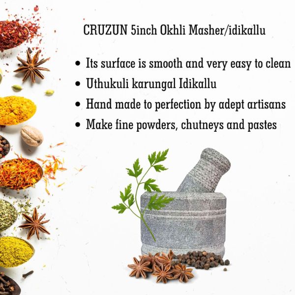 CRUZUN Mortar Pestle Set - 5Inch Idikallu Stone for Spices Okhli Masher Khalbatta Stone Traditional Grinder for Kitchen Imam Dasta Ohkli Musal