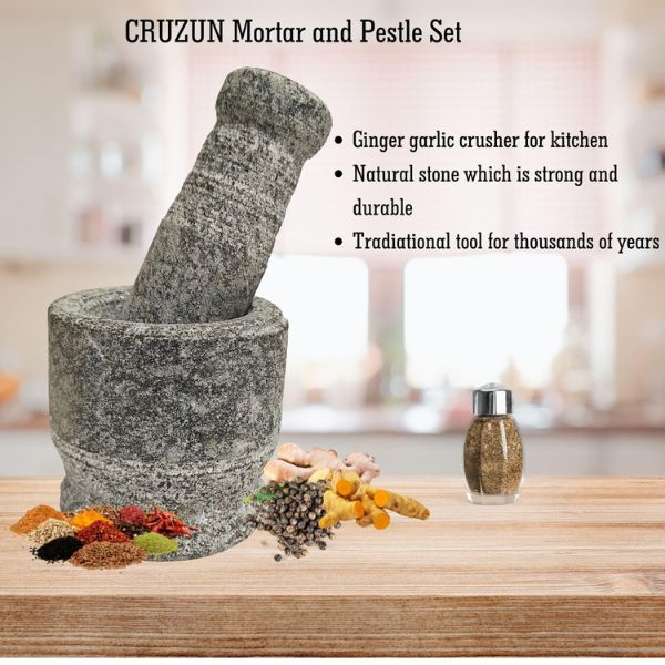Cruzun Mortar Pestle Set - Idikallu Stone for Spices Okhli Masher 4inch Khalbatta Stone Traditional Grinder for Kitchen Imam Dasta Ohkli Musal For crushing Stonemade Spice crusher