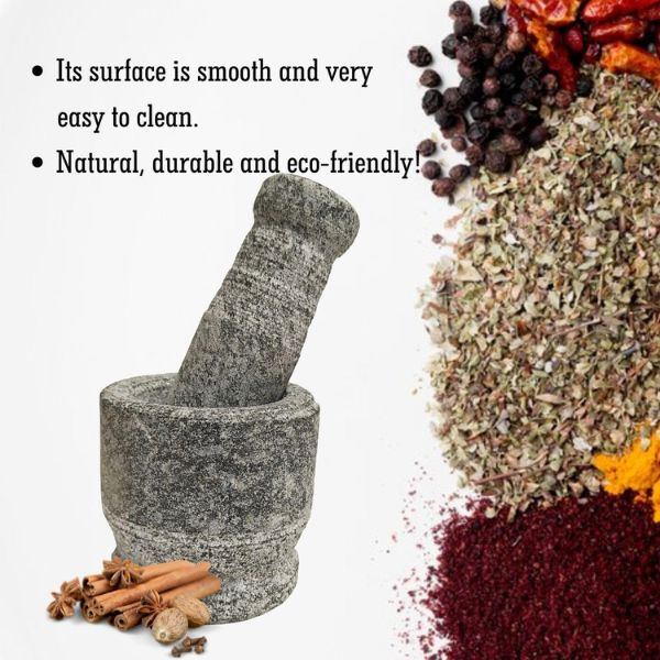 Cruzun Mortar Pestle Set - Idikallu Stone for Spices Okhli Masher 4inch Khalbatta Stone Traditional Grinder for Kitchen Imam Dasta Ohkli Musal For crushing Stonemade Spice crusher