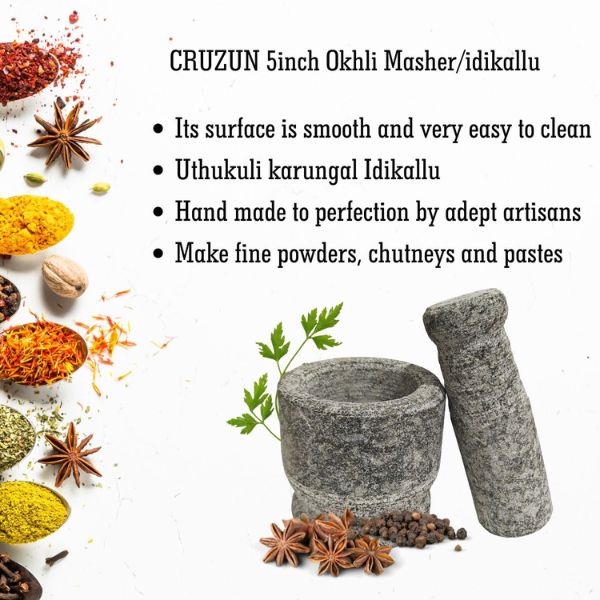 Cruzun Mortar Pestle Set - Idikallu Stone for Spices Okhli Masher 4inch Khalbatta Stone Traditional Grinder for Kitchen Imam Dasta Ohkli Musal For crushing Stonemade Spice crusher